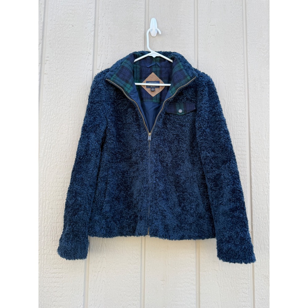 Pendleton Medium Fleece Jacket Cabin Cozy Wool Plaid Trim Teal Blue Full Zip
